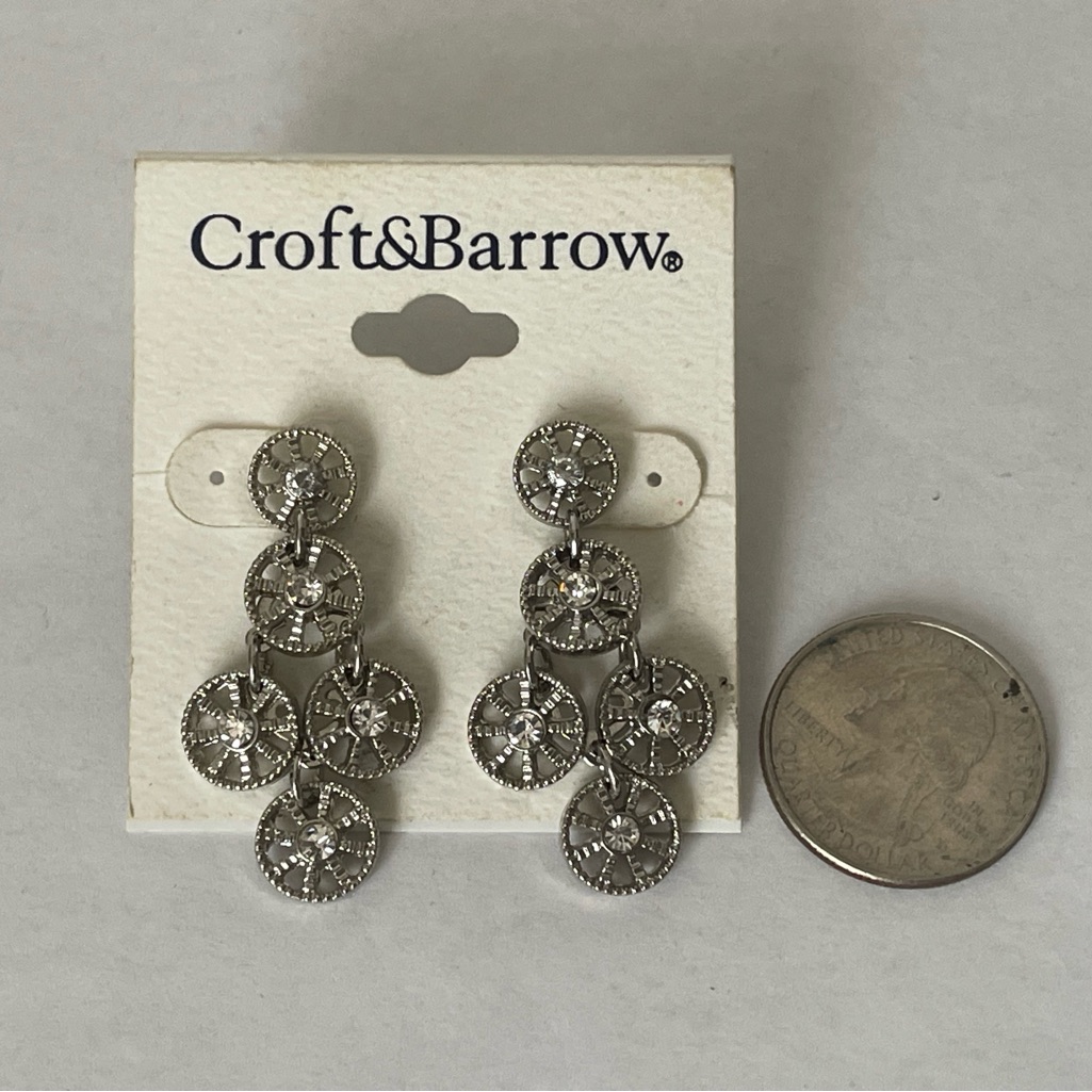 Croft & Barrow Silver Circular, Clear Rhinestone Drop Earrings,
